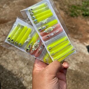 Neon Yellow and Pink Press-On Nails with Rhinestones